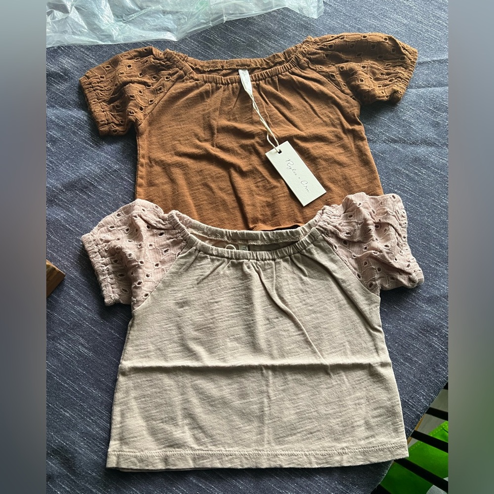 NWT 2 Rylee + Cru 3-6 months Puff short sleeve tee oat and cinnamon shirt cotton